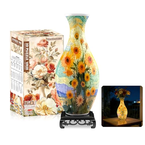 YunSheCSBS 3D Puzzles Vase for Adults Crafts for Adults 160 Pieces Plastic DIY Unique Flower Vase with LED Light House Warming Gift Birthday Gifts for Flower Arrangements and Home Decor Sunflowers - Image 1