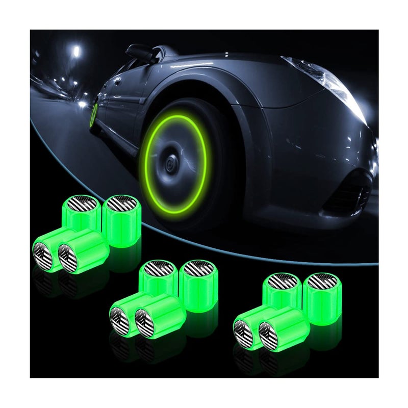 12PCS Fluorescent Car Tire Valve Caps Luminous Tire Air Caps Cover Vehicle Tire Pressure Caps Illuminated Auto Car Wheel Valve Stem Universal for Car SUV Motorcycle Truck Bike GreenBlack