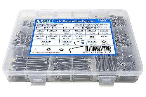 iexcell 1500 Pcs M3 x 4/6/8/10/12/16/20/25/30/35/40/45/50 Stainless Steel 304 Hex Socket Head Cap Screws Blots Nuts Washers Assortment Kit - Image 1