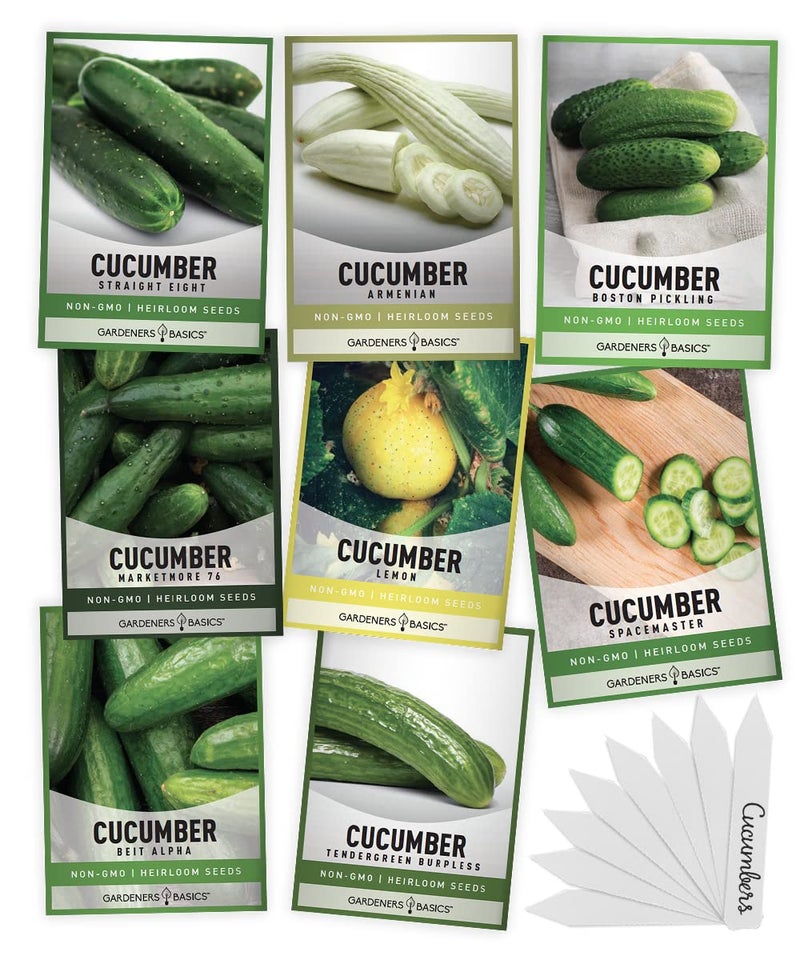 Gardeners Basics, Cucumber Seeds for Planting Outdoors 8 Variety Pack Burpless Tendergreen, Beit Alpha, Marketmore 76, Armenian, Boston Pickling, Lemon, Spacemaster, Straight Eight Veggie Seeds - Image 1