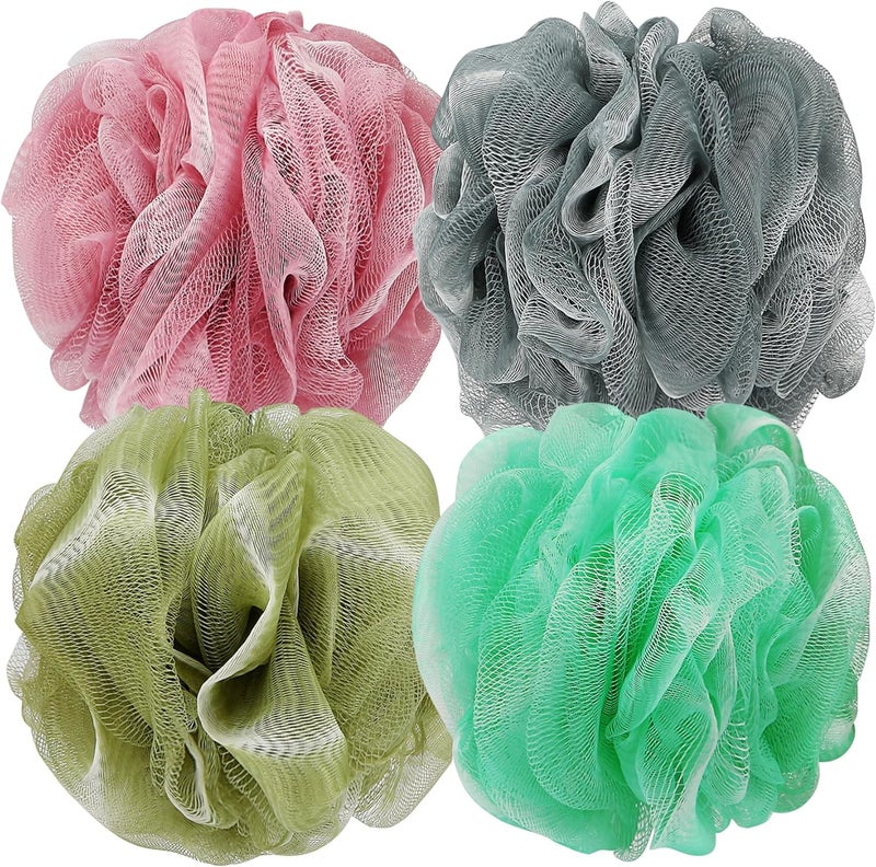 Bath Shower Loofah Sponge 60g Bath Mesh Pouf Shower Ball Body Scrubber Exfoliating Bath Sponge for Women and Men, Set of 4, Gold and Grey