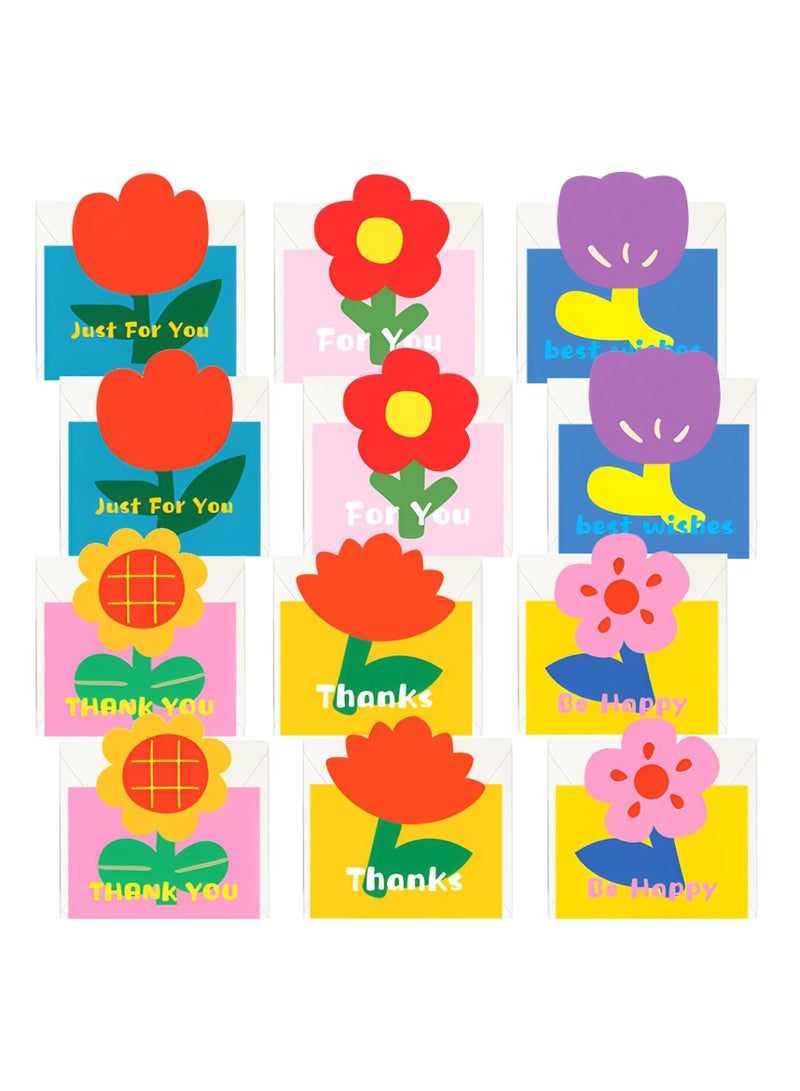 SYOSI Kids Floral Thank You Cards with Envelopes, 12 Pcs Birthday Bulk Note Card, Teachers Appreciation Birthday Party Valentine Cards, Colorful Flower Covers, Blank Inside (6 Assorted Designs) - Image 1
