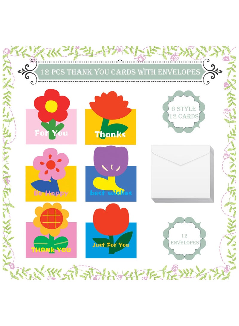SYOSI Kids Floral Thank You Cards with Envelopes, 12 Pcs Birthday Bulk Note Card, Teachers Appreciation Birthday Party Valentine Cards, Colorful Flower Covers, Blank Inside (6 Assorted Designs) - Image 3