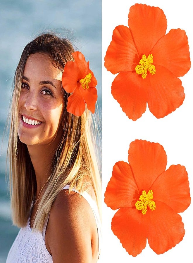 Jeffan 2 PCS Hawaiian Flowers Hair Clips, Hibiscus Flowers Hair Clip Beach Party Bohemian Flower Hair Accessories for Women Girls Dancer Bride Wedding Beach Party (Orange) - Image 1