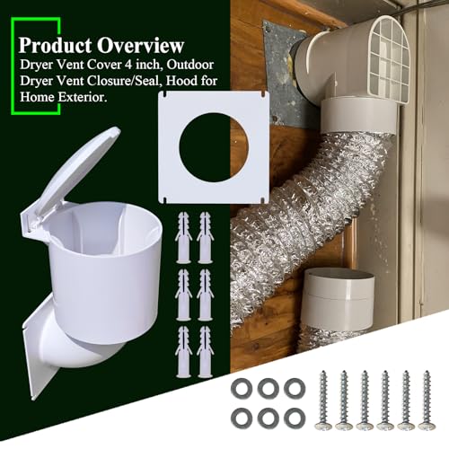 WFCYX Dryer Vent Cover 4 inch, Outdoor Dryer Vent Closure/Seal, Hood for Home Exterior, UV Resistant, Mouse Proof, Natural Energy Saving, Clothes Dryer Replacement Vents, W/Screw & Washer for Installation - Image 2