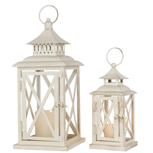 NEEDOMO Lanterns Decorative Outdoor&Indoor, Set of 2 (14"&10") Beige Metal Lantern Decor with Glass, Candle Holder for Porch, Patio, Garden, Balcony, Wedding, Table Centerpiece - Image 1