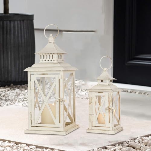 NEEDOMO Lanterns Decorative Outdoor&Indoor, Set of 2 (14"&10") Beige Metal Lantern Decor with Glass, Candle Holder for Porch, Patio, Garden, Balcony, Wedding, Table Centerpiece - Image 3