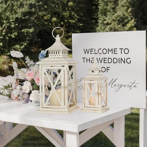 NEEDOMO Lanterns Decorative Outdoor&Indoor, Set of 2 (14"&10") Beige Metal Lantern Decor with Glass, Candle Holder for Porch, Patio, Garden, Balcony, Wedding, Table Centerpiece - Image 5