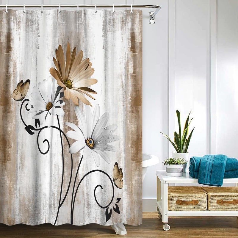 VeiVian Rustic Farmhouse Shower Curtain  Farm Tan Cream Daisy Floral Flowers and Butterfly on Country Wooden Shower Curtain for Bathroom  Beige Brown Shower Curtain with Hooks  36X70IN - Image 2