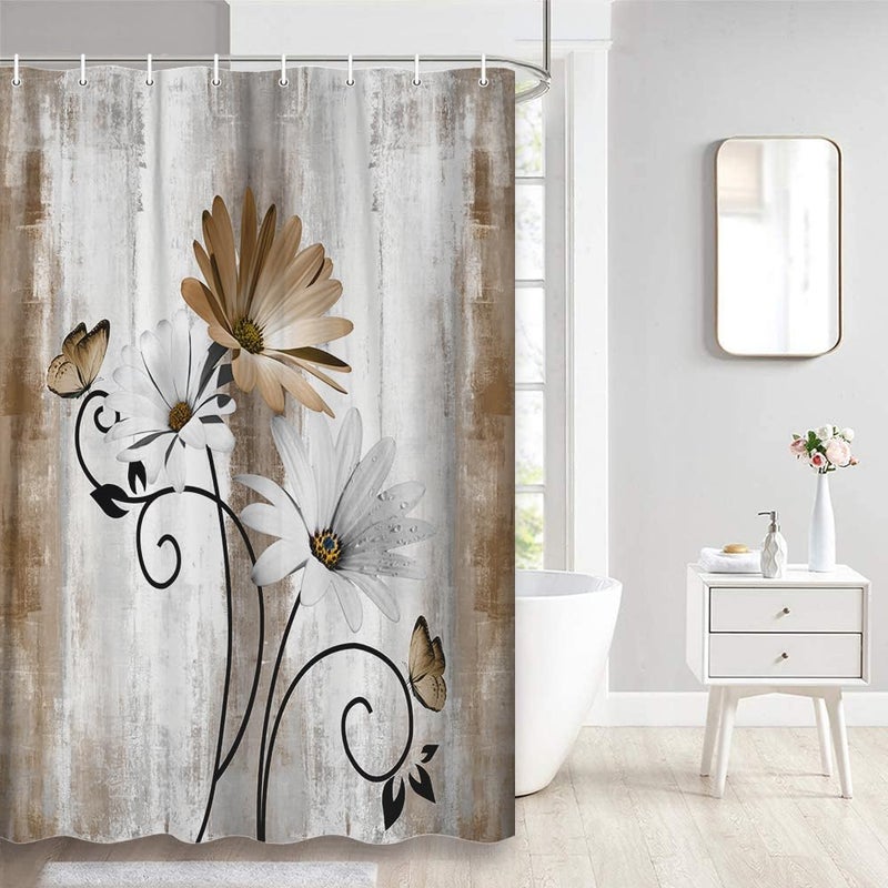 VeiVian Rustic Farmhouse Shower Curtain  Farm Tan Cream Daisy Floral Flowers and Butterfly on Country Wooden Shower Curtain for Bathroom  Beige Brown Shower Curtain with Hooks  36X70IN - Image 1