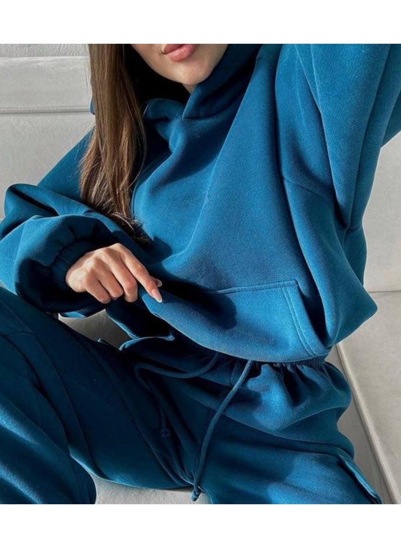 NIBEMINENT Solid Casual Two-piece Set, Long Sleeve Crew Neck Sweatshirt & Drawstring Waist Jogger Pants Outfits, Women's Clothing  - Image 2