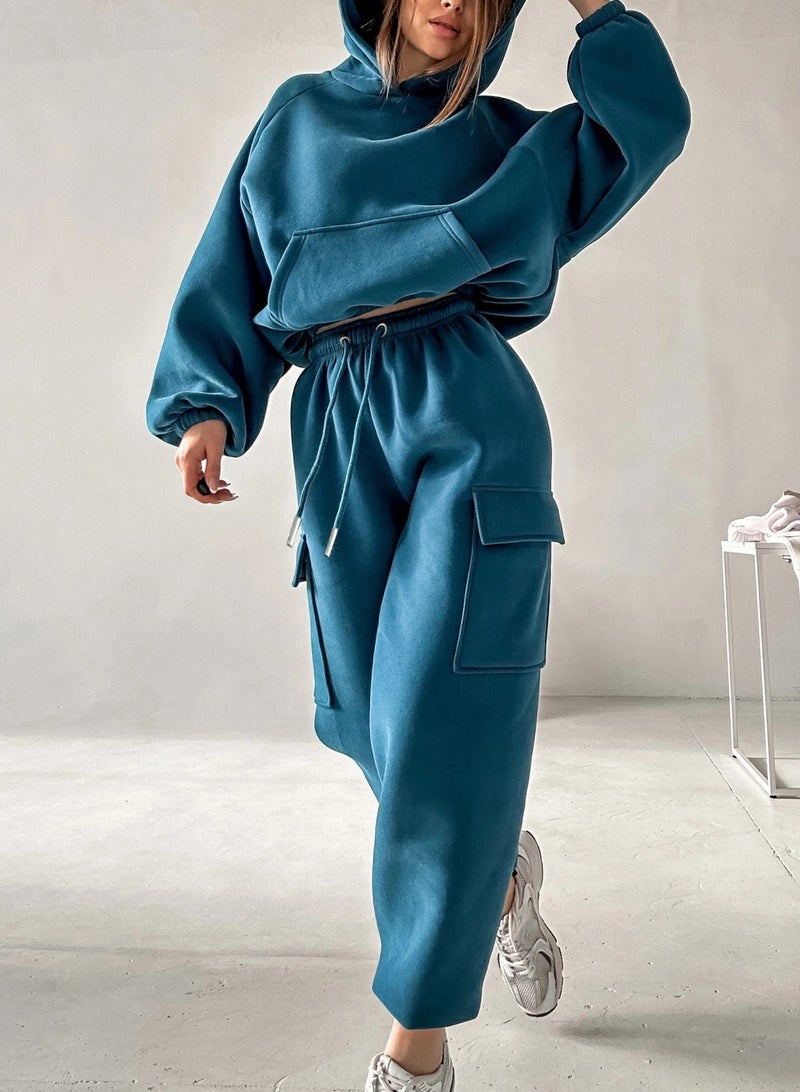 Solid Casual Two-piece Set, Long Sleeve Crew Neck Sweatshirt & Drawstring Waist Jogger Pants Outfits, Women's Clothing
