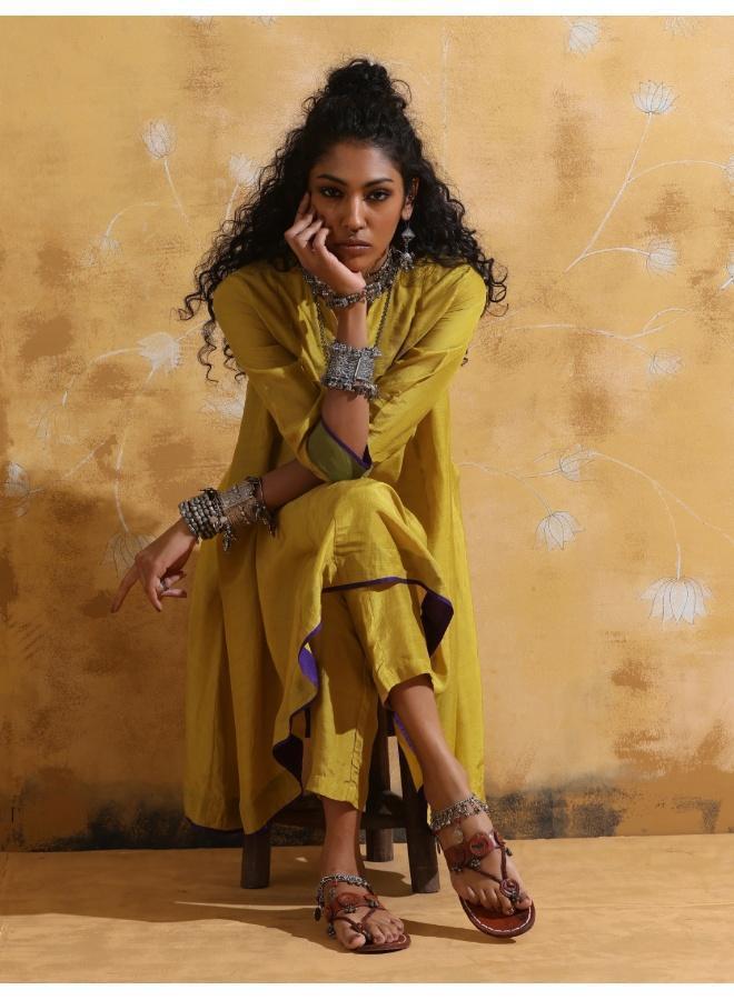 trueBrowns Lime Muslin Silk Flared Kurta Co-ord Set - Image 1