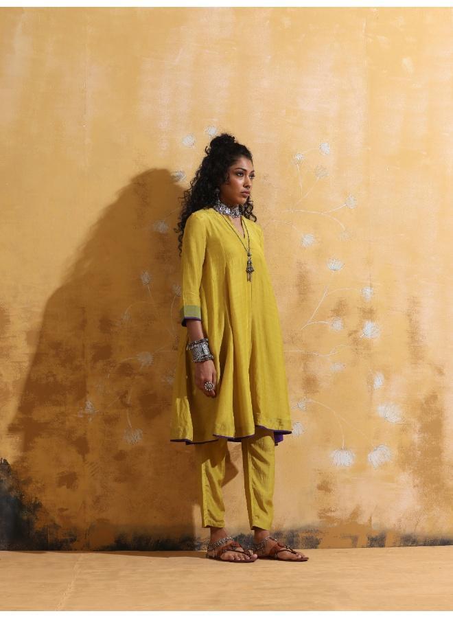 trueBrowns Lime Muslin Silk Flared Kurta Co-ord Set - Image 3