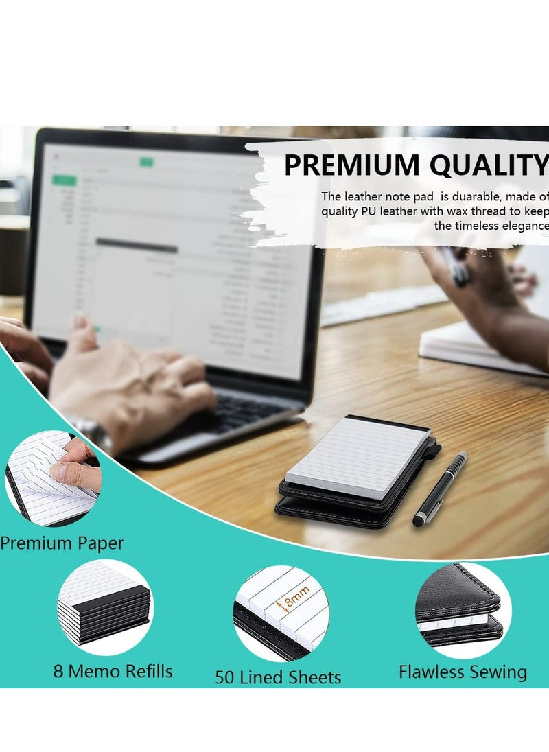 Oasisgalore - Mini Pocket Notepad Set - 14x9 cm Notepad Holder with Metal Pen and 50 Lined Sheets for Business(Black) - Image 1