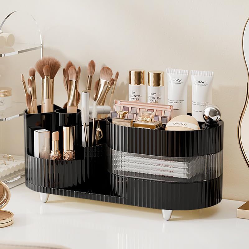 COMFYROOM Rotating Vanity Organizer with Brush Holder and Drawer 3 Layer Cosmetic Skincare Storage Large Countertop Makeup Perfume Lotions Display Case Black - Image 1