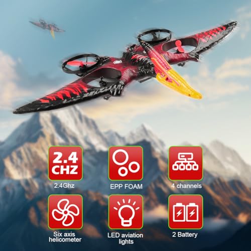 jaming Dinosaur Remote Control Drone 24G EPP Foam RC Pterodactyl Hobby RC Airplanes with 6Axis Gyro One Key Takeoff Landing Stunt Roll 360 Flip Fighter Jet Toy Christmas Birthday Gift for Boys Girls - Image 5