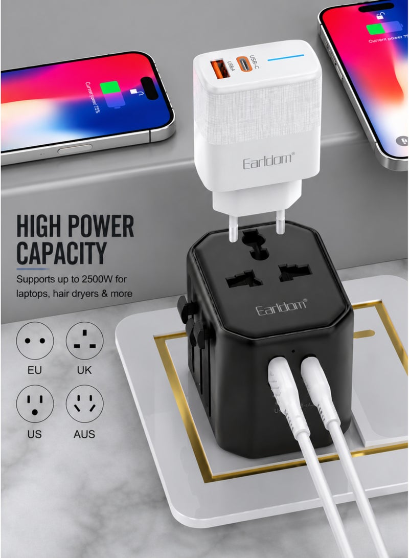 أيرلدوم محول طاقة عالمي للسفر بقدرة 2500 واط مع منفذي USB-A و USB-C للشحن السريع بقدرة 2.4 أمبير | شاحن متعدد المقابس عالمي | محول طاقة عالمي للمملكة المتحدة والولايات المتحدة والاتحاد الأوروبي وأستراليا | محول قابس للسفر | متوافق مع أجهزة الكمبيوتر المحمولة وأجهزة iPhone و Samsung و iPad و MacBook والأجهزة اللوحية | مزود بفيوز أمان وحماية من زيادة التيار - Image 3