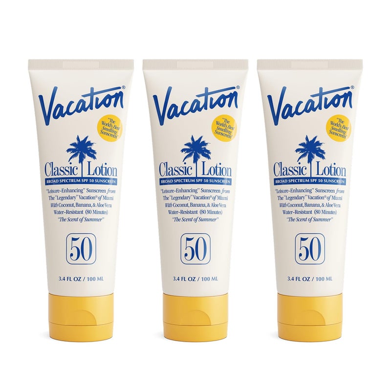 Vacation Classic Sunscreen Lotion SPF 50, Water-Resistant, Lightweight, Transparent on All Skin Tones, Dermatologist-Tested, Vegan, Travel Size, 3.4 Fl. Oz. (Value Pack of 3) - Image 1