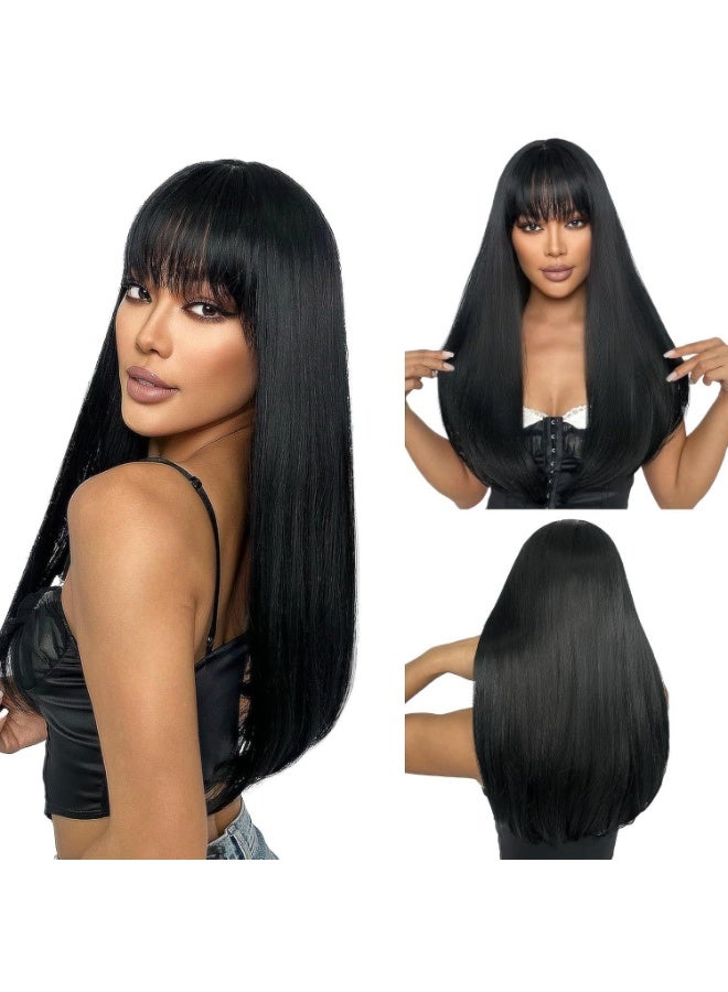 باروكة شعر مستعار نسائية طويلة ومستقيمة باللون الأسود مع غرة، مصنوعة من ألياف صناعية مقاومة للحرارة. مناسبة للاستخدام اليومي والحفلات، بطول ٢٦ بوصة. - Image 1