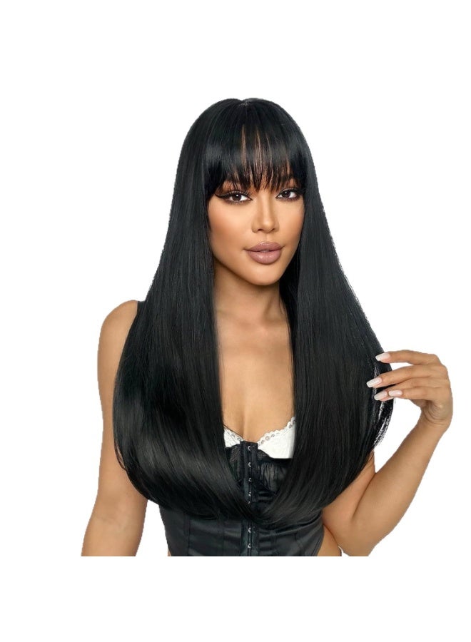 باروكة شعر مستعار نسائية طويلة ومستقيمة باللون الأسود مع غرة، مصنوعة من ألياف صناعية مقاومة للحرارة. مناسبة للاستخدام اليومي والحفلات، بطول ٢٦ بوصة. - Image 2