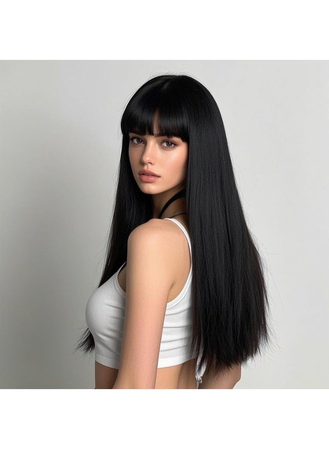 باروكة شعر مستعار نسائية طويلة ومستقيمة باللون الأسود مع غرة، مصنوعة من ألياف صناعية مقاومة للحرارة. مناسبة للاستخدام اليومي والحفلات، بطول ٢٦ بوصة. - Image 3