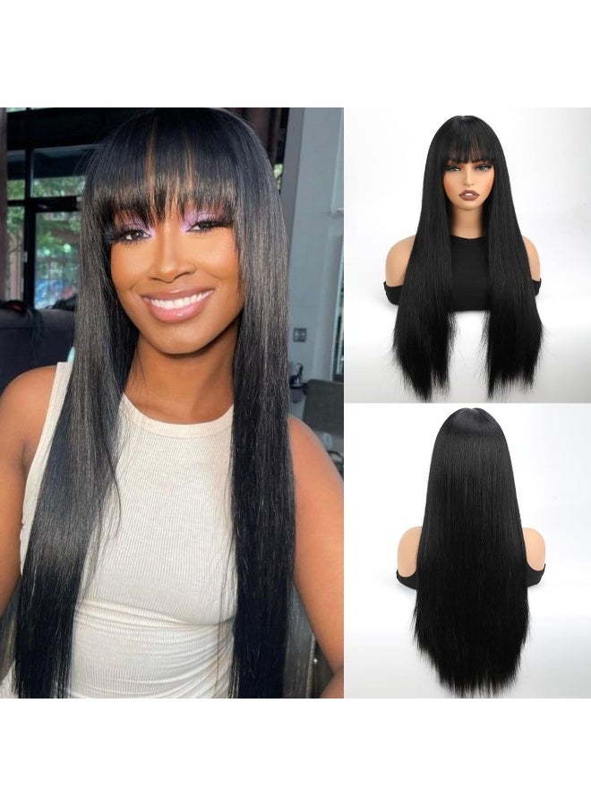 باروكة شعر مستعار نسائية طويلة ومستقيمة باللون الأسود مع غرة، مصنوعة من ألياف صناعية مقاومة للحرارة. مناسبة للاستخدام اليومي والحفلات، بطول ٢٦ بوصة. - Image 5