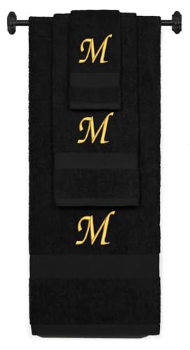 byLora BY LORA Custom Embroidered Terry Cotton Ring Spun Bath Towel Hand Towel and Washcloth Set Black Towel Set Gold Chancery Initial M - Image 1