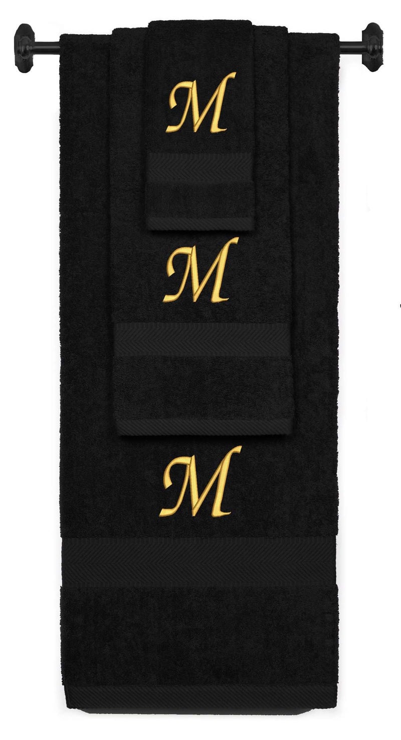 byLora BY LORA Custom Embroidered Terry Cotton Ring Spun Bath Towel Hand Towel and Washcloth Set Black Towel Set Gold Chancery Initial M - Image 2