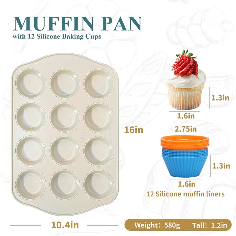 Ymiton Nonstick Muffin Pan with 12 Silicone Baking Cups, Carbon Steel Muffin Tin for Muffins, Cupcakes, Egg Bites and more, Non Toxic, Easy to Clean, Dishwasher Safe, Sunshine Cream - Image 3