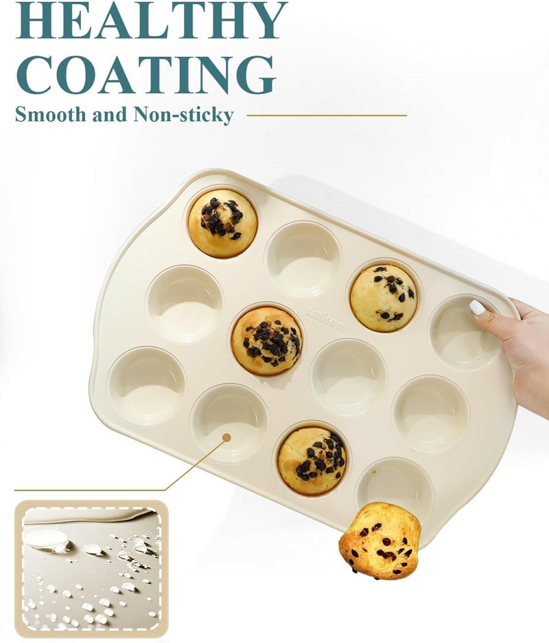 Ymiton Nonstick Muffin Pan with 12 Silicone Baking Cups, Carbon Steel Muffin Tin for Muffins, Cupcakes, Egg Bites and more, Non Toxic, Easy to Clean, Dishwasher Safe, Sunshine Cream - Image 4