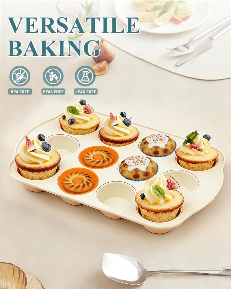 Ymiton Nonstick Muffin Pan with 12 Silicone Baking Cups, Carbon Steel Muffin Tin for Muffins, Cupcakes, Egg Bites and more, Non Toxic, Easy to Clean, Dishwasher Safe, Sunshine Cream - Image 2