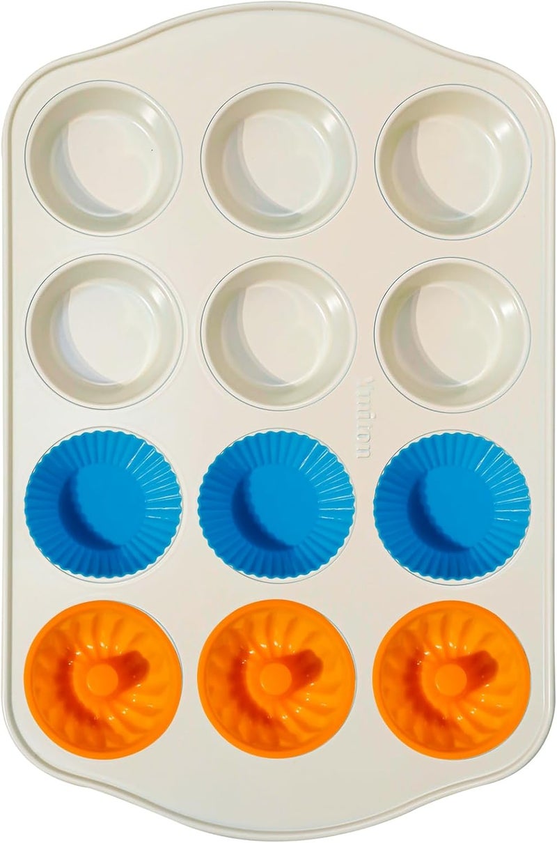 Ymiton Nonstick Muffin Pan with 12 Silicone Baking Cups, Carbon Steel Muffin Tin for Muffins, Cupcakes, Egg Bites and more, Non Toxic, Easy to Clean, Dishwasher Safe, Sunshine Cream - Image 1