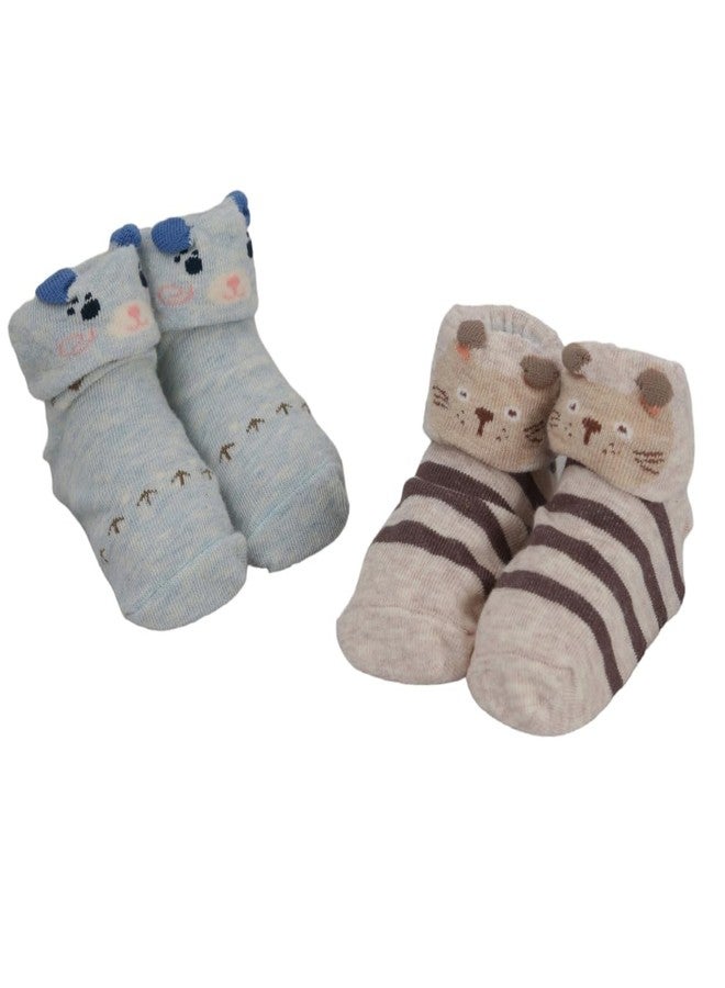 Yellow Bee Bear and Animal Print Anti-Skid Socks for Boys- Pack of 2, Grey, Biege, 0-12 Months - Image 1