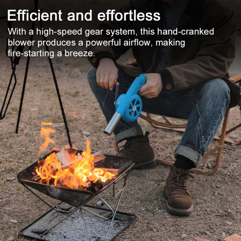 Fire Blower: Blue Metal Blade Hand Cranked Blower - High Speed Gear Efficient Airflow Detachable Crank Portable Fire Starter for Outdoor Camping Backyard Cooking - Image 3