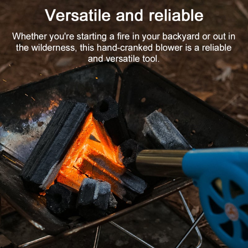 Fire Blower: Blue Metal Blade Hand Cranked Blower - High Speed Gear Efficient Airflow Detachable Crank Portable Fire Starter for Outdoor Camping Backyard Cooking - Image 4