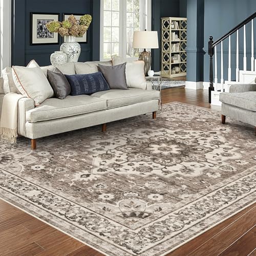 TOPRUUG Washable Oriental Area Rug - 8x10 Rugs for Living Room Soft Carpet for Bedroom Waterproof Floral Distressed Indoor Stain Resistant Non-Shedding Floor Carpets (Beige, 8x10) - Image 1