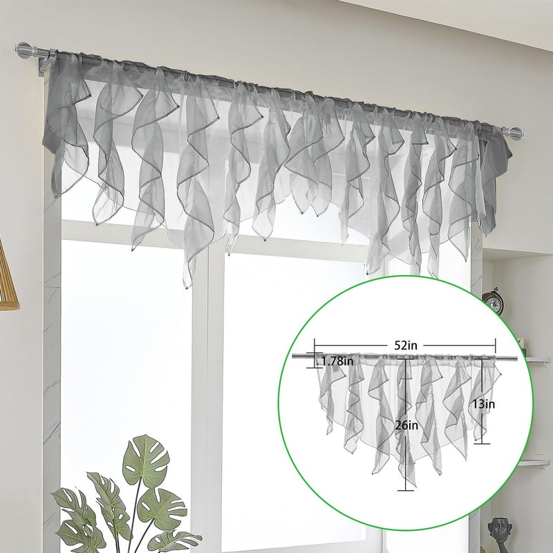 PearAge Ruffled Voile Semi Sheer Curtain Valance, Kitchen Living Room Shabby Chic Ruffle Valance Curtains, Girls Daughters Bedroom Cascade Window Valance 52x26 Inches (Grey-Triangle) - Image 5
