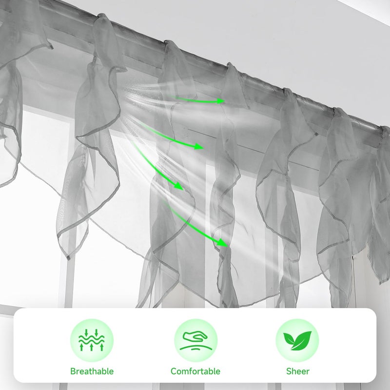 PearAge Ruffled Voile Semi Sheer Curtain Valance, Kitchen Living Room Shabby Chic Ruffle Valance Curtains, Girls Daughters Bedroom Cascade Window Valance 52x26 Inches (Grey-Triangle) - Image 3