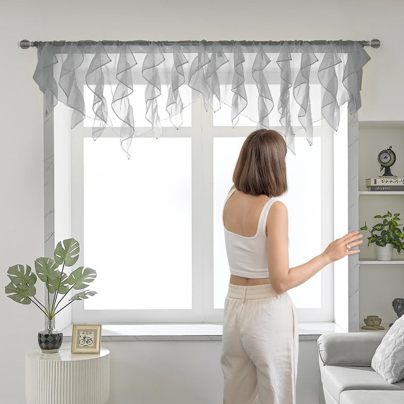 PearAge Ruffled Voile Semi Sheer Curtain Valance, Kitchen Living Room Shabby Chic Ruffle Valance Curtains, Girls Daughters Bedroom Cascade Window Valance 52x26 Inches (Grey-Triangle) - Image 2