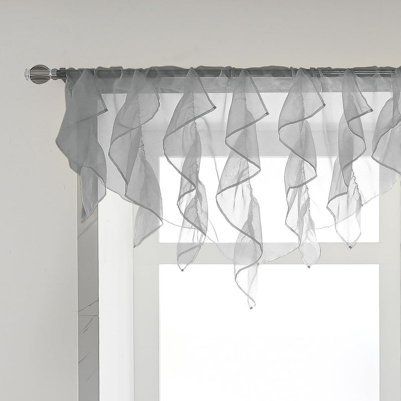 PearAge Ruffled Voile Semi Sheer Curtain Valance, Kitchen Living Room Shabby Chic Ruffle Valance Curtains, Girls Daughters Bedroom Cascade Window Valance 52x26 Inches (Grey-Triangle) - Image 1