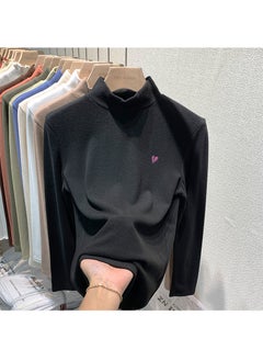 Generic Womens Double-sided Velvet Love Embroidery Half-high Collar Thermal Long Sleeve Top Trendy Autumn Winter Fleece-lined Inner Wear Black  - Image 1