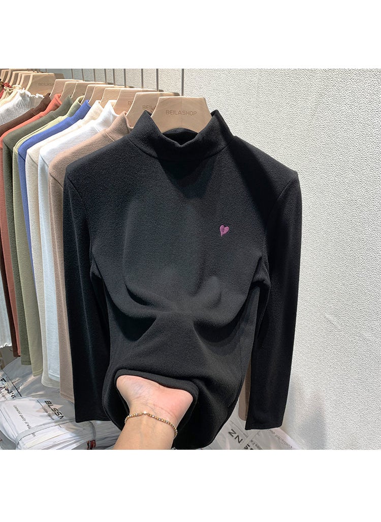 Generic - Womens Double-sided Velvet Love Embroidery Half-high Collar Thermal Long Sleeve Top Trendy Autumn Winter Fleece-lined Inner Wear Black - Image 1