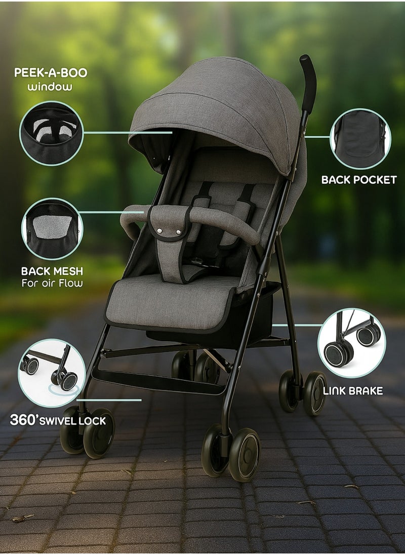 Baby Stroller Lightweight – Compact & Foldable Travel Stroller with 5-Point Harness, 360° Swivel Wheels, PU Handle, Storage Basket – Suitable for 0-36 Months, Up to 15 kg