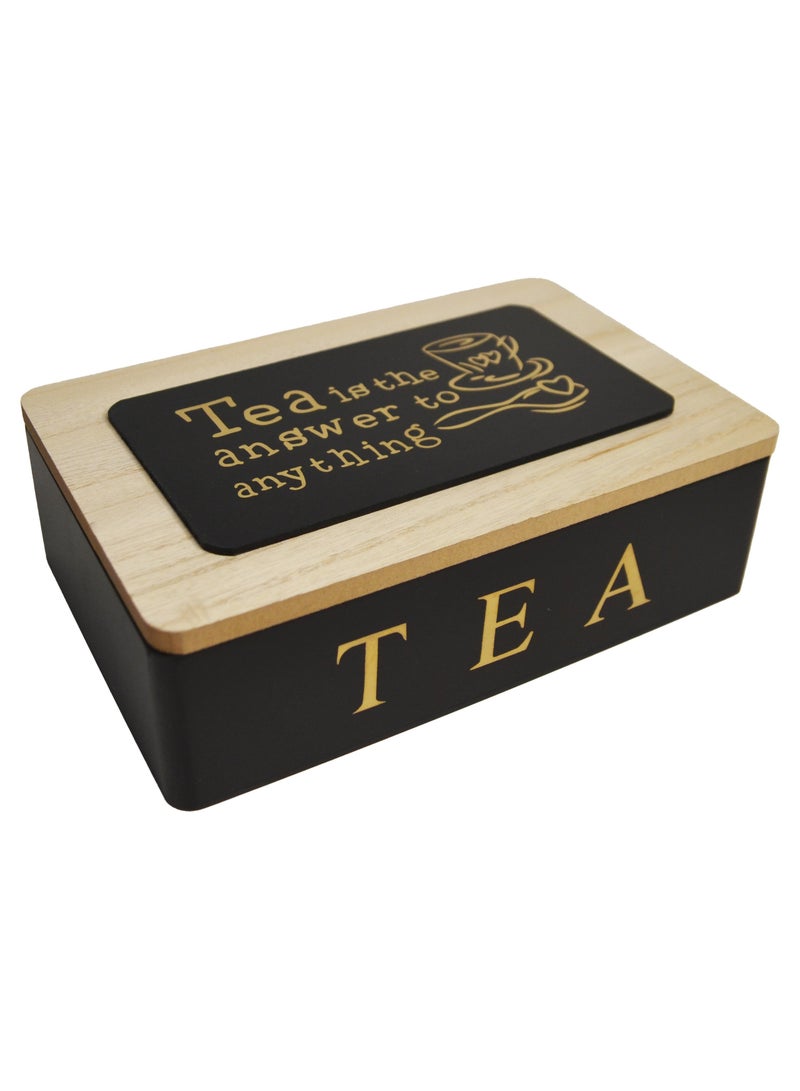 6-Compartment Wooden Tea Box - 24x16x6.5 cm, Available in White and Black, with Painted Text "Tea is the Answer to Anything"  - Image 1