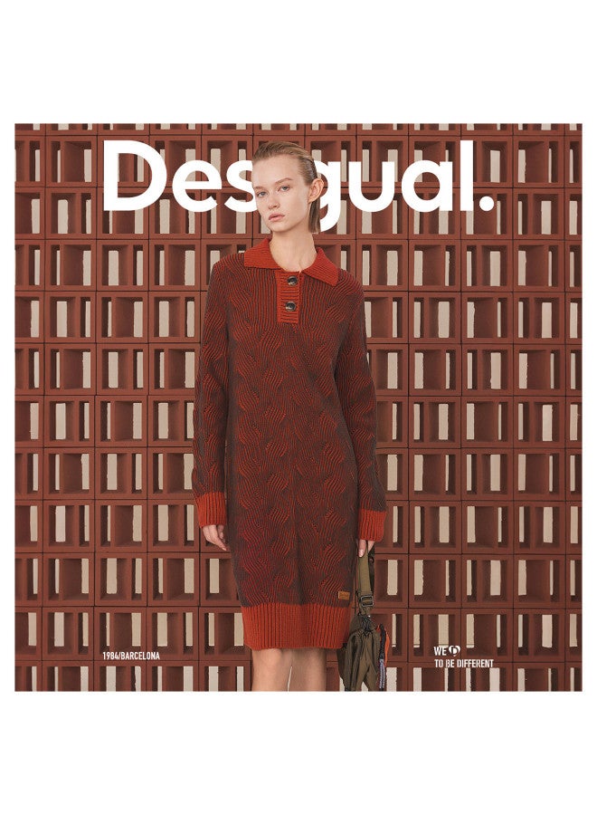 DESIGUAL فستان ميدي مزين بجاكارد متباين بقصة مستقيمة محبوك - Image 3