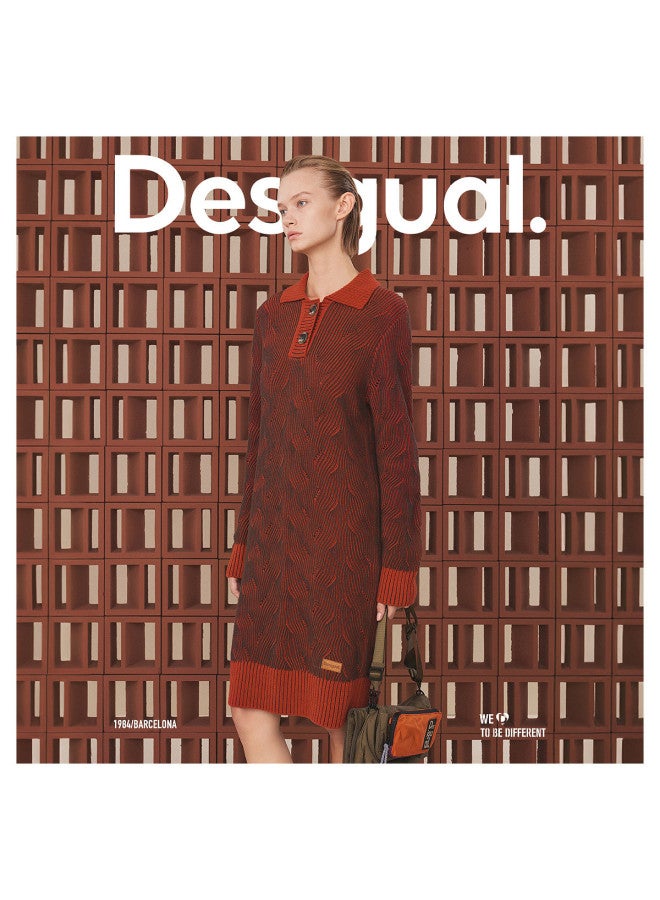 DESIGUAL فستان ميدي مزين بجاكارد متباين بقصة مستقيمة محبوك - Image 4