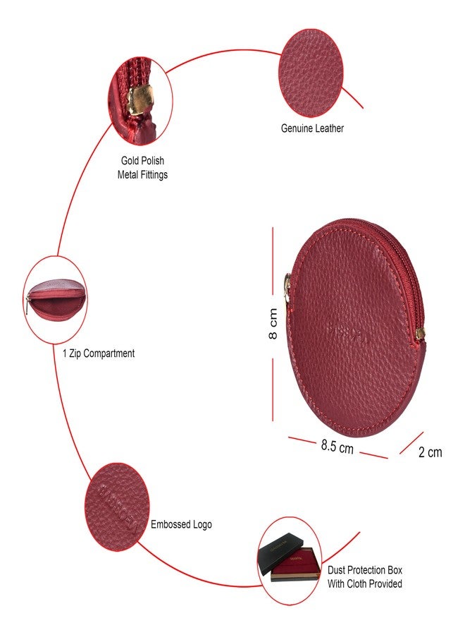 Sassora Genuine Leather Slim Coin Purse Pouch | Compact Case for Jewellery, Earphones & Small Essentials | Mini Oval Wallet for Women (Cherry) - Image 3