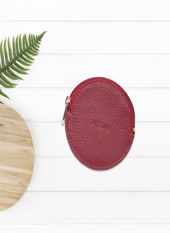 Sassora Genuine Leather Slim Coin Purse Pouch | Compact Case for Jewellery, Earphones & Small Essentials | Mini Oval Wallet for Women (Cherry) - Image 4