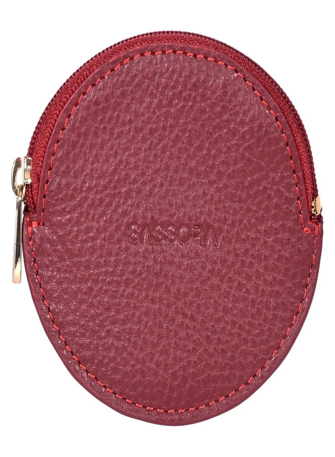 Sassora Genuine Leather Slim Coin Purse Pouch | Compact Case for Jewellery, Earphones & Small Essentials | Mini Oval Wallet for Women (Cherry) - Image 1